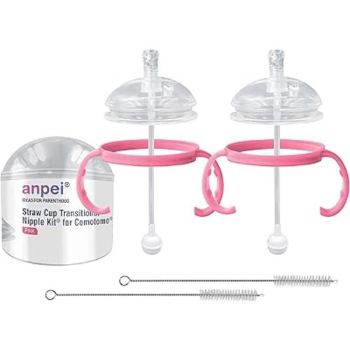 Straw Transition Cup Kit for Comotomo Baby Bottles | Conversion Kit Fits 5 Ounce and 8 Ounce Bottles | Soft, Silicone Straw Top Bottle Nipple & Weighted Straw to Help Baby | 2 Pack (Pink) + Brushes