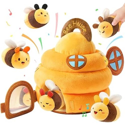 Baby Sensory Toy for 6-12 Months, Plush Beehive with 5 Interactive Bee Toys
