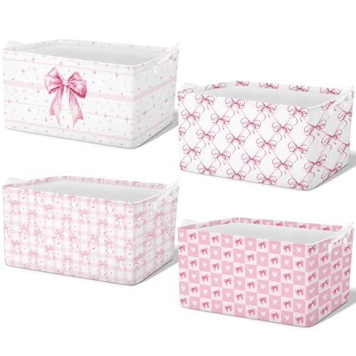 4 Pcs Pink Bow Storage Basket for Gifts Collapsible Girls Coqutte Pink Storage Bins with Handle Cute Preppy Foldable Laundry Organizer for Home Bathroom Bedrooms Baby Clothes Toys Books
