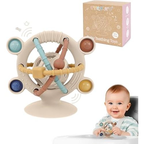 TYRY.HU Silicone Baby Teething Toys for Babies 0-6 6-12 Months, Multi Purpose High Chair Toys, Baby Suction Table Toys, Montessori Sensory Toys with Rattle for Teething Relief, Gift for Infant, Khaki