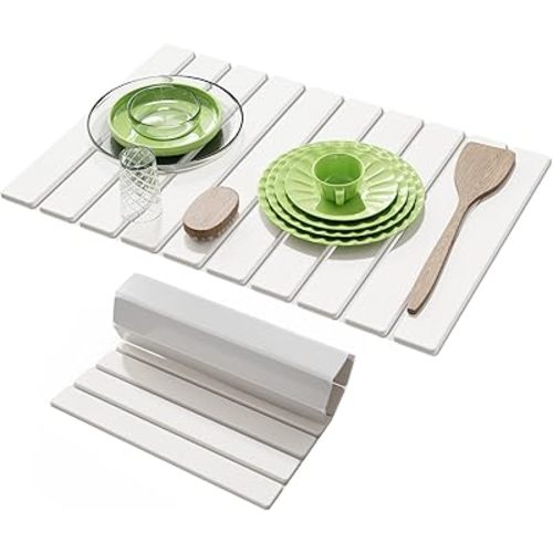 Large Stone Dish Drying Mat for Kitchen Counter,23.6''x15.3'' Foldable Quick Dry Stone Kitchen Mat,Eco-Friendly,Absorbent Diatomaceous Earth Mats for Dishes Bottles Cups Bathroom Any Countertop-White