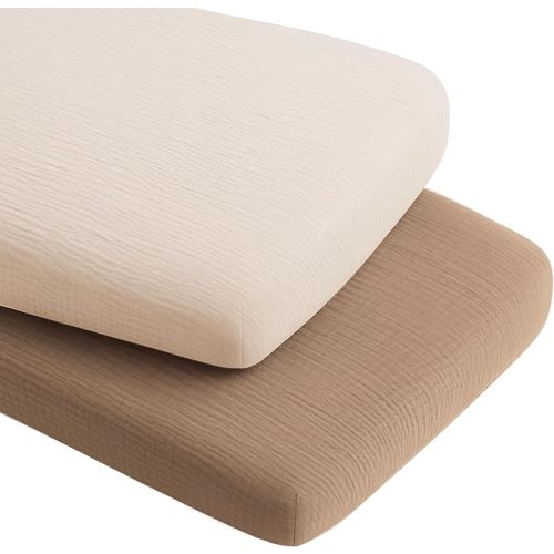 Konssy 2 Pack Muslin Bassinet Sheets for Boys, Girls, 100% Cotton Soft Breathable Fitted Bassinet Mattress Sheet, 33 x 21 inches (Brown,Summer Wheat)
