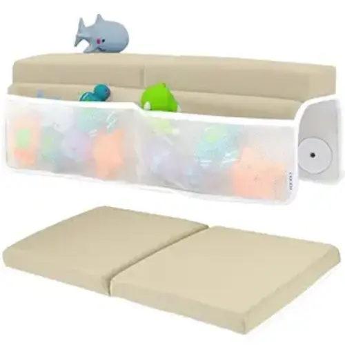 Comfortable Baby Bath Kneeler and Elbow Rest Pad Set – Thick Memory Foam Bath Kneeling Pad with Elbow Support – Baby Bathtub Cushion with Toy Organizer for Bathing Infant or Toddler - Beige