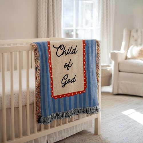 Child of God Woven Blanket, Christian Baby Throw, Vintage Stripe Newborn Blanket, Baptism & Baby Shower Gift