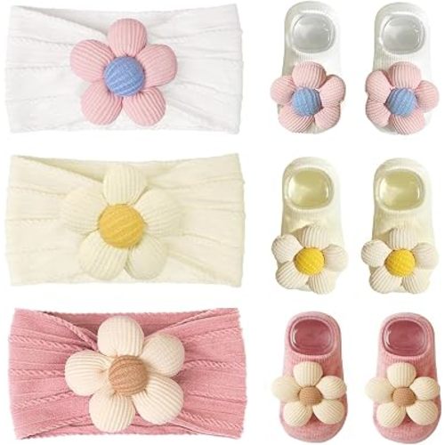 Baby Girl Headband and Socks, Non-Slip Floral Socks and Soft Floral Nylon Hairbands for Babies Infants and Toddlers