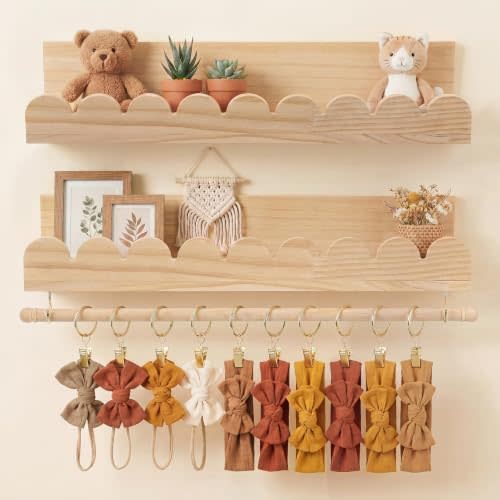 Qunclay 2 Pcs Nursery Floating Shelves Headband and Bow Holder with Rod Wall Mounted Wood Shelves Nursery Decor for Wall Home Organization Kitchen Living Room Bathroom Storage Decor