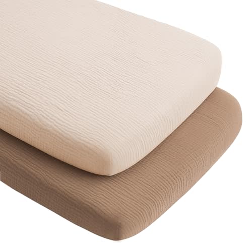 Konssy 2 Pack Muslin Bassinet Sheets for Boys, Girls, 100% Cotton Soft Breathable Fitted Bassinet Mattress Sheet, 32 x 16 inches (Brown,Summer Wheat)