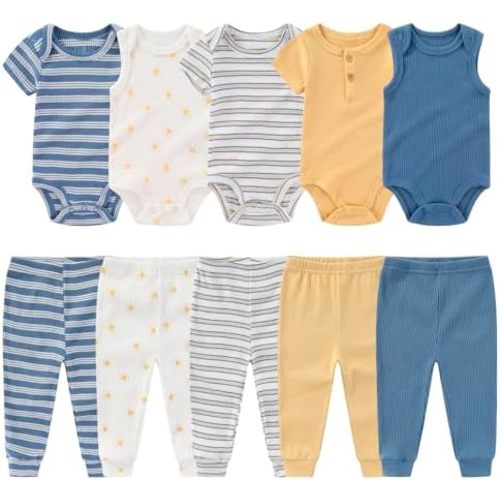 MAMIMAKA Newborn Baby Layette Gift Set 10-Piece Baby Boy Girl Short Sleeve Bodysuits with Pants Infant Outfit Essentials