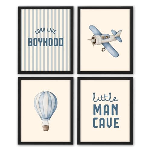 NaZaUK Vintage Baby Boy Nursery Decor Poster, Long Live Boyhood Room Decor Wall Art Airplane Hot Air Balloon Nursery Decorations, Little Man Cave, Playroom, 8x10inches Set of 4