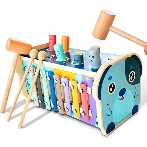 KIDWILL Montessori Wooden Hammering Pounding Toy for 12+ Months Kids, Baby Early Development Toy with Pounding Bench, Xylophone, Number Sorting Maze, Birthday Gifts for 1 2 3 Year Old Toddlers