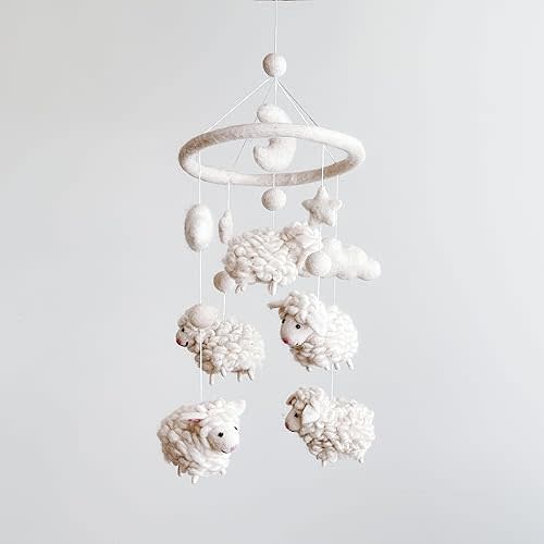 Handmade Felt Counting Sheep Nursery & Crib Mobile for Boys & Girls, Boho Baby Decor, Natural Wool & Wood Hanging Mobile, Unique Baby Shower Gift, Fair Trade & Handcrafted in Nepal