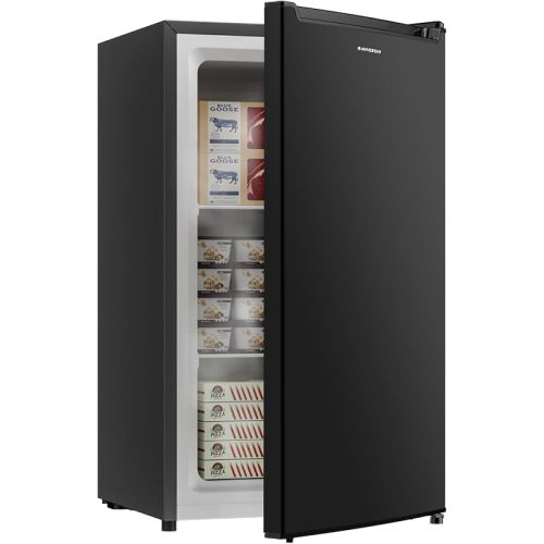 BANGSON 2.1 Cu.ft Upright Freezer, Compact Mini Freezer with Reversible Black Door, Adjustable Thermostat, Removable Shelves, Energy-Saving Small Freezer for Dorm/Office/Apartment, Black