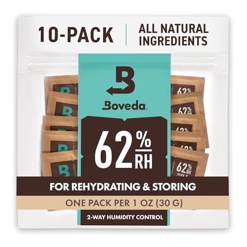 Boveda 62% RH Size 8-10 Pack Two-Way Humidity Control Packs - for Storing 1 oz - Moisture Absorber for Small Storage Containers - Humidifier Packs - Hydration Packets w/Resealable Bag