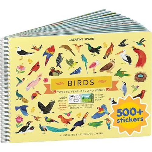 Cupkin Bird Sticker Book Activity for Kids, Toddler Airplane Travel Essentials, 500+ Parrot Stickers + 12 Scenes + 12 Coloring Book Pages, Bird Lover Kids Gift, Kid Crafts for Ages 2–8 Years