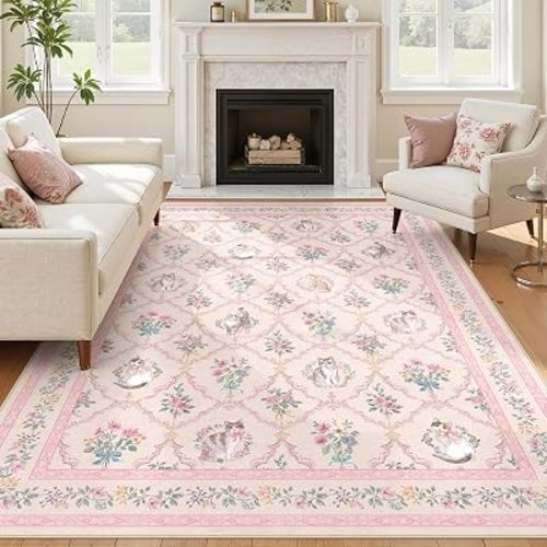 8x10 Pink Floral Cat Rug for Girls Bedroom, Washable Non Slip Vintage Area Rug for Nursery, Kids Room or Dorm, Soft Low Pile Carpet