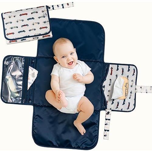 Tiny Twinkle Portable Diaper Changing Pad | Waterproof, Wipeable & Compact Baby Changing Pad for Travel | Smart Wipes Pocket & Organized Storage| Newborn Shower Gift (Vintage Cars)