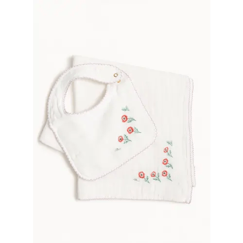 TIMO & VIOLET Baby Bib and Shawl Blanket - Embroidered Poppy