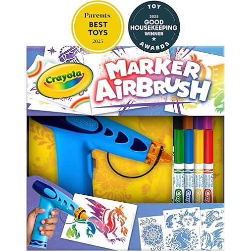 Crayola Marker Airbrush Spray Art Kit, Battery-Powered Sprayer with 8 Washable Markers & 5 Stencils, Holiday for Kids, DIY Craft Set, Ages 6+