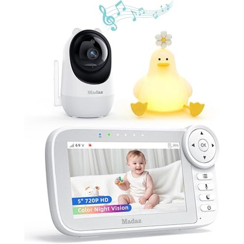 Madaz No WiFi Baby Monitor with Color Night Vision, 5" HD Display,1080P Pan Tilt Zoom Camera, Lullabies, Temperature Sensor, 2-Way Talk, 1000ft Range + Duck Night Light