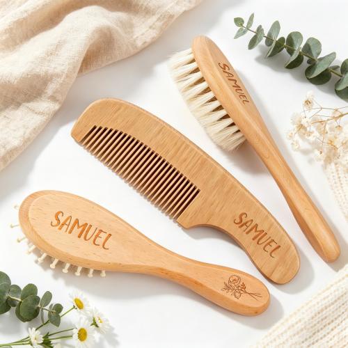 Personalized Wooden Baby Hair Brush Set, Custom Engraved Newborn Hairbrush & Comb, Baby Shower Gift, First Hairbrush for Newborn