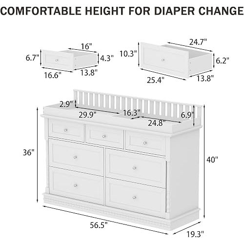 56.5" Baby Dresser with Removable Changing Table Top, Large White Dresser for Nursery with 7 Storage Drawers, Baby Changing Table, Modern Diaper Nursery Dressers Station for Kids Bedroom