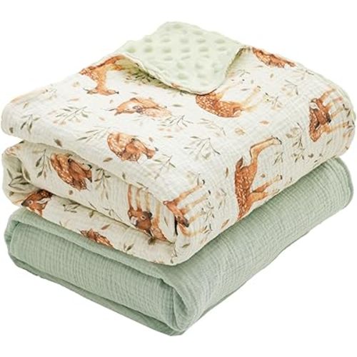 2 Pack Minky Baby Blankets,Super Soft Receiving Blankets with Muslin Cotton Front & Dotted Fleece Backing,39x29.5 Inches,Printed Bed Throws Newborn(Deer)