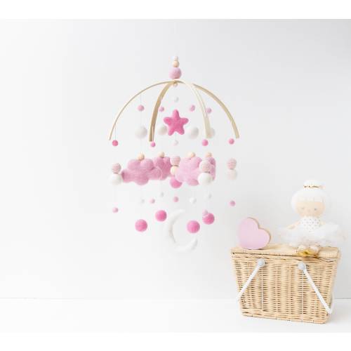 Rose Pink Baby Mobile - Girl Crib Mobile - Moon and Clouds and Star Cot Mobile - Minimalist Nursery Mobile - Felt Pom Pom decor