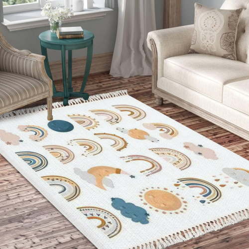 Boho Rug, Rainbows, Terracotta Colors, Neutral Nursery Art, Scandinavian Chic Area Rug, Washable Hallway Runner, Meditation Mat, Minimalist Home Decor for Living Room Bedroom Playroom Classroom