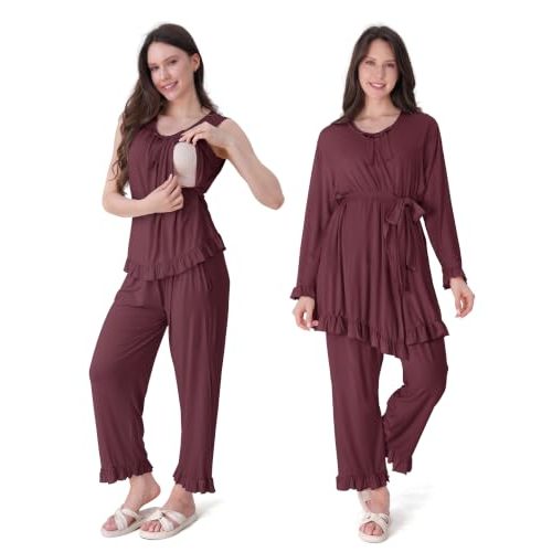 SUNNYBUY 3 PCS Ruffle Maternity Nursing Pajamas Set & Robe for Postpartum | Breastfeeding Tank Top with a Cute Bow, Pregnancy Pants & Robe, Hospital Bag Essential PJs