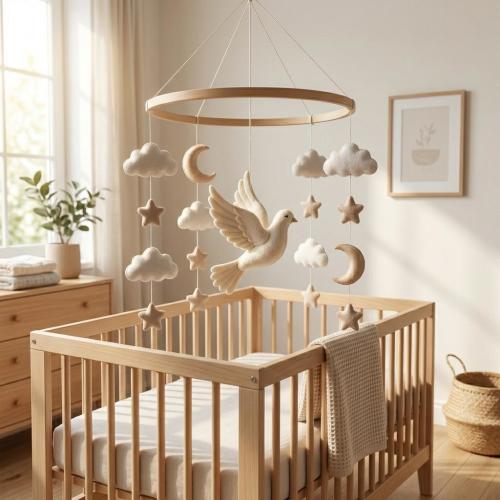Felt Baby Mobile, Dove Nursery Decor, Neutral Crib Hanging, Personalized Baby Shower Gift