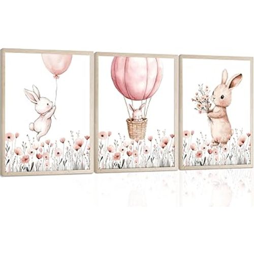 3Pcs Bunny Nursery Wall Art Pink Rabbit Wildflowers Wall Decor Unframed