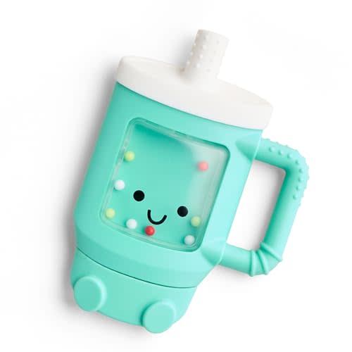Itzy Ritzy Silicone Rattle Teether– BPA-Free Silicone Teether with Rattle for Babies & Toddlers – Features a Gentle Rattle Sound, Colorful Beads & Multiple Textures (Travel Cup)