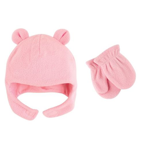 Luvable Friends Baby Girls Beary Cozy Hat and Mitten Set 2pc, Light Pink, 0-6 Months