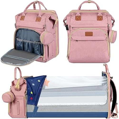 ZRSUN Diaper Bag Backpack with Portable Station & USB Port, Large Capacity Travel Baby Bag with Changing Pad, Waterproof Multi-Function Maternity Backpack for Mom & Dad (Pink)