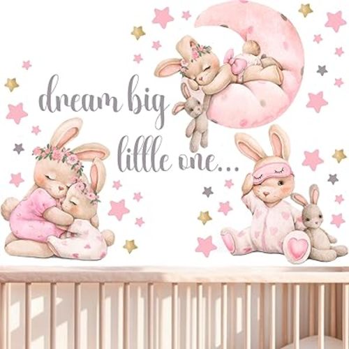 Pink Bunny Nursery Wall Decals-Baby Girl Room Rabbit Wall Decor, Animal Stickers for Kids Playroom, Toddler Bedroom and Nursery Decoration, Removable Vinyl Decals, Peel and Stick Easy to Apply.