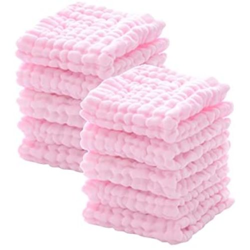 Baby Muslin Washcloths - Natural Muslin Cotton Baby Wipes - Soft Newborn Baby Face Towel for Sensitive Skin- Baby Registry as Shower, 10 Pack 12x12 inches by MUKIN (Pink)