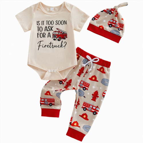 mgoYE Baby Boy Clothes 12-18 Months 3Pcs Newborn Baby Boy Clothes Is It Too Soon To Ask For A Fire Truck Short Sleeve Romper Pants Set Firefighter Outfit(Red,0-3 Months)