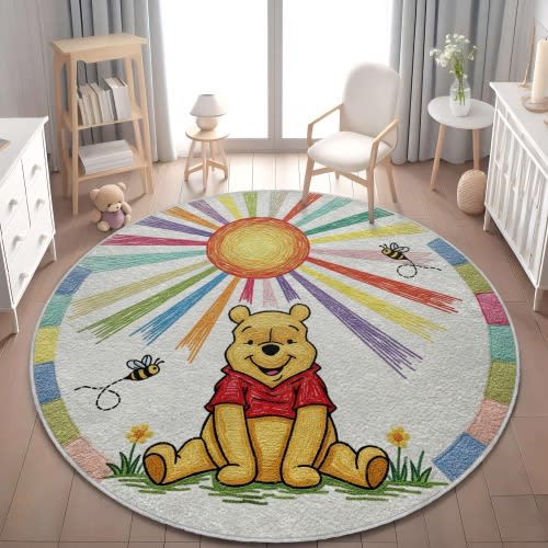 Winnie the Pooh Nursery Rug: Crayon Style Rainbow Sun Play Mat
