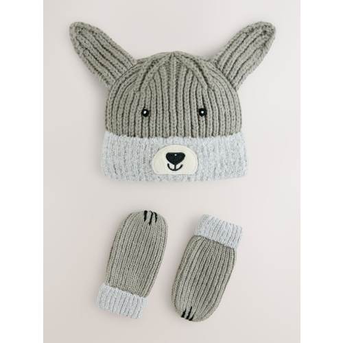Grey Dog Hat & Mittens 2 Piece Set (3mths-6yrs)