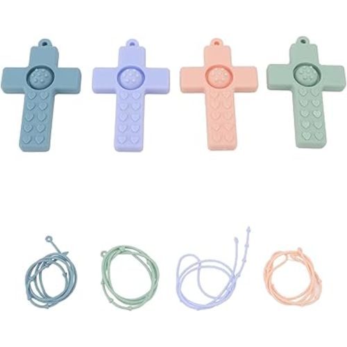 4PCS Baby Teething Toys, Cross Shape Teethers with Silicone Lanyard, Colorful Infant Chew Toys for Newborn Infant