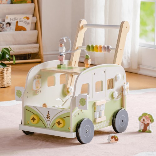 ROBUD Wooden Baby Push Walker Toy, Vacation Bus Theme with Activity Blocks, Sound & Light, Adjustable Speed, Learning Walker Gift for Toddlers 12+ Months,Green
