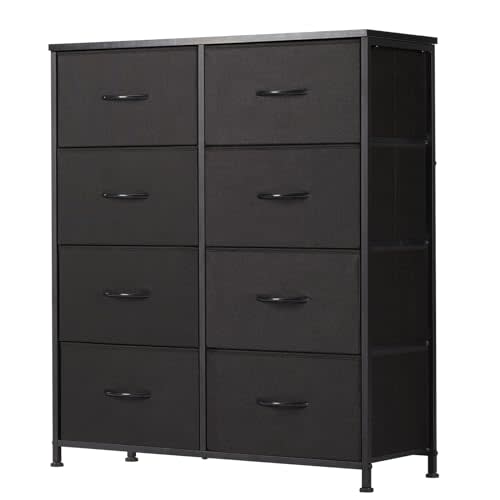 Sweetcrispy 8 Drawer Black Dresser for Bedroom Tall, Organizer Storage | Fabric Storage Tower, Chest of Drawers with Steel Frame, Wood Top for Living Room, Closet