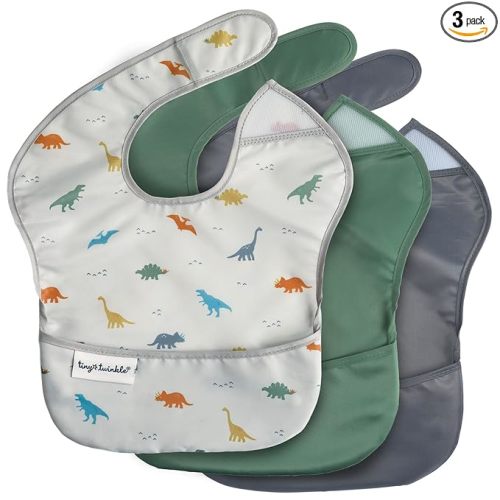 Tiny Twinkle Mess-Proof Baby Bibs for Eating | Waterproof, Wipeable Toddler Bibs with Catch-All Pocket | Feeding Bibs for Girls & Boys(3 Pack,Dinosaur Set)