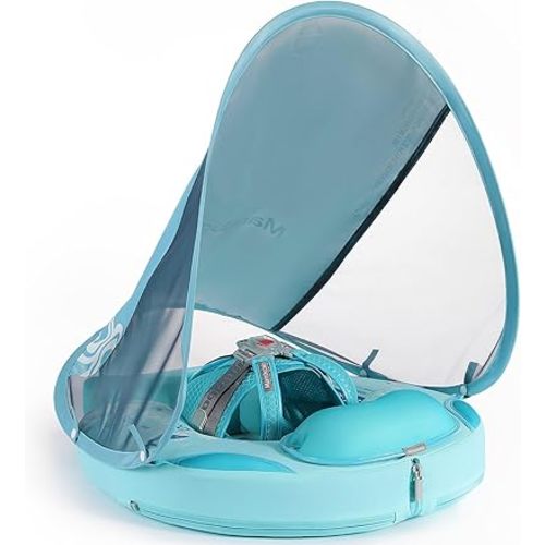 Mambobaby Non-Inflatable Baby Pool Float with Tail and Canopy UPF 50+ Sun Protection No Flip Over Infant Swim Float Skin-Friendly Mambo Float Swim Trainer Solid Baby Swimming Ring (Foldable Blue)