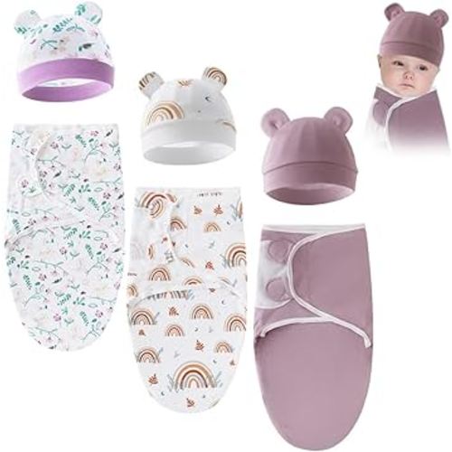 3 Pack Baby Swaddle Blanket with Hats, Soft Cotton Newborn Wearable Swaddle Wrap for 0-3 Months Girls Boys