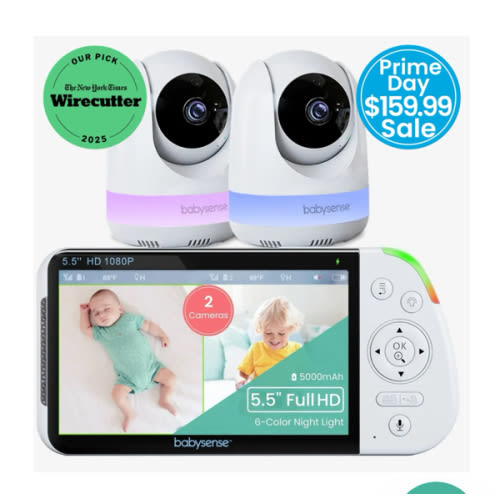 Babysense Max View: Video Baby Monitor with 2 Cameras, Split Screen, Non Wifi, Night Light & Sound Machine