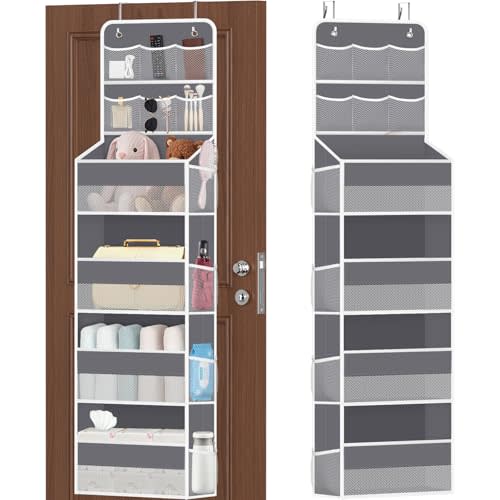6-Tier Over The Door Organizer with Mesh Pockets, Baby Nursery Storage for Closet, Bathroom and Bedroom, Adjustable Hanging Closet Organizer for Cosmetics, Books and Essentials（Dark Grey）