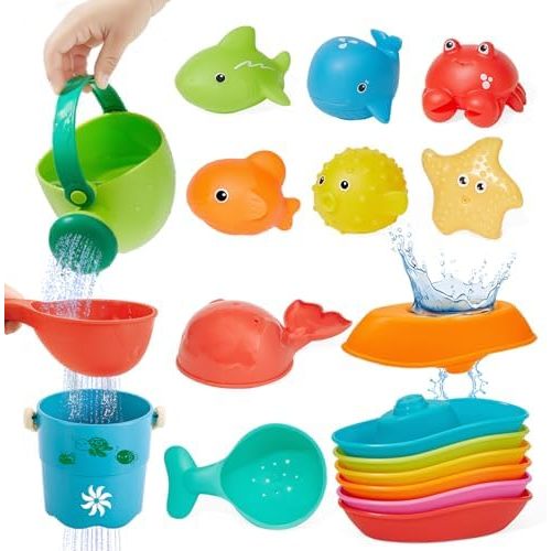 Baby Bath Toys for Kids Ages 1-3, 16PCS | Easy Clean Mold Free Bath Toys Toddlers 2-4 | Bathtub Pool Water Table Toys for Babies & Toddlers | Bath Boats Spoons Bucket Watering Can Tub Toy for Toddlers