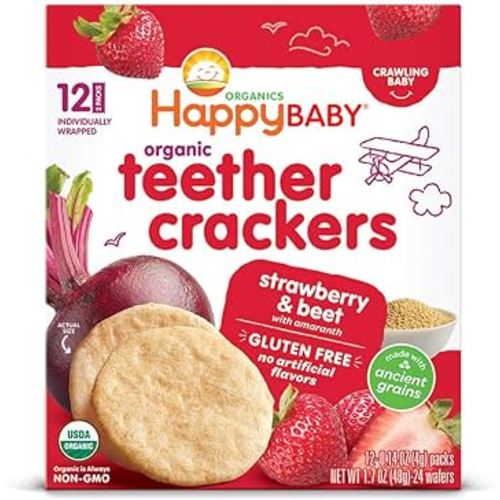 Happy Baby Organics Baby Snacks, Gentle Teething Crackers, Gluten Free & Vegan, Strawberry & Beet, 12 Count (Pack of 6)