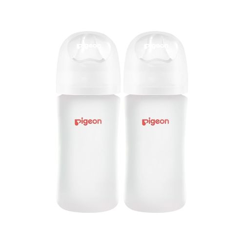 Pigeon Silicone Coating (Glass Inside/Silicone Outside) Baby Bottle, Wide Neck, Streamlined Body, Natural Feel, Easy to Clean, Heat-Resistant, 8 Oz (Pack of 2), Includes 2 pcs M Nipples (3m+)